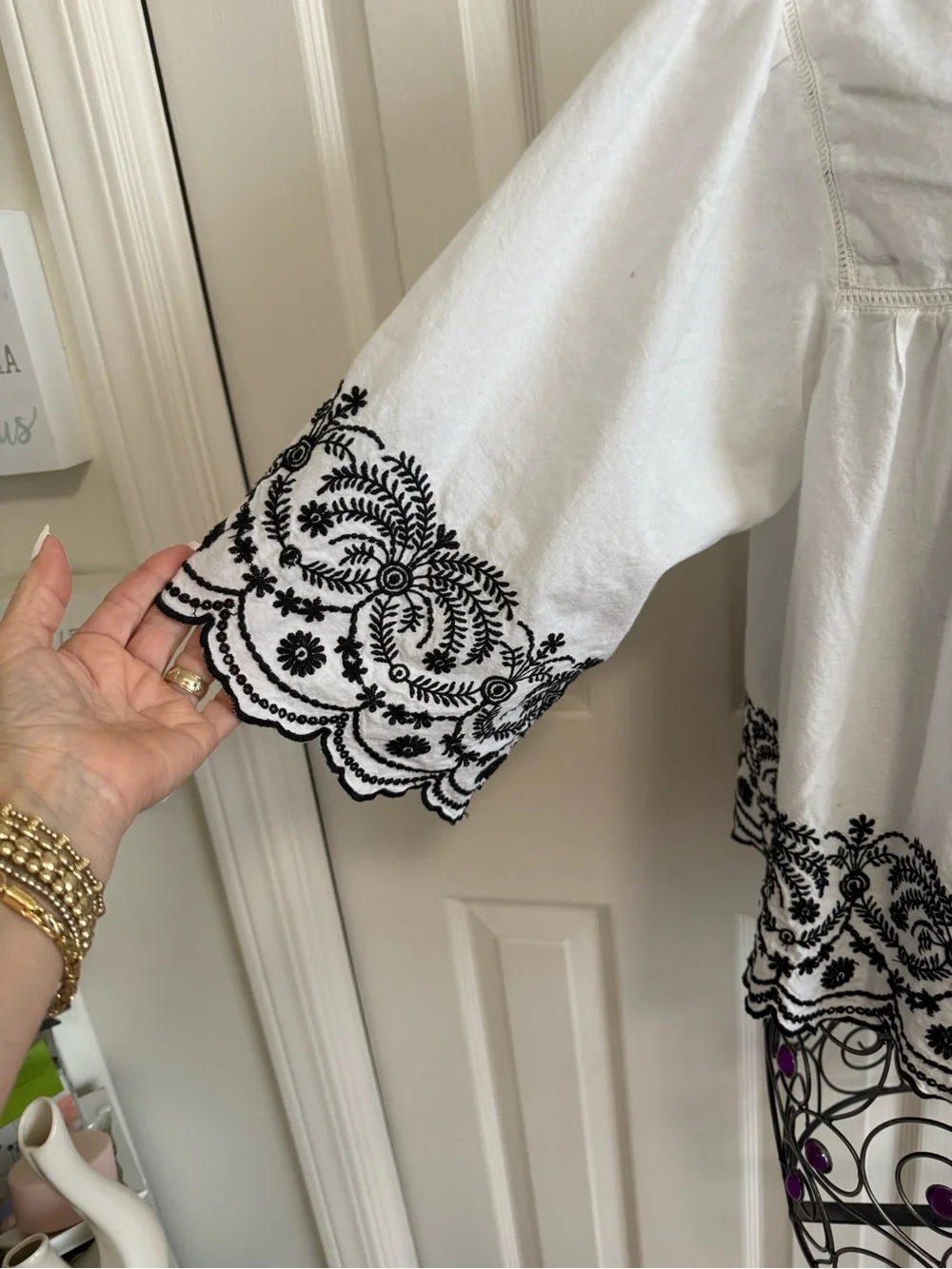 Zara White Tunic Blouse with Black Embroidered Hem